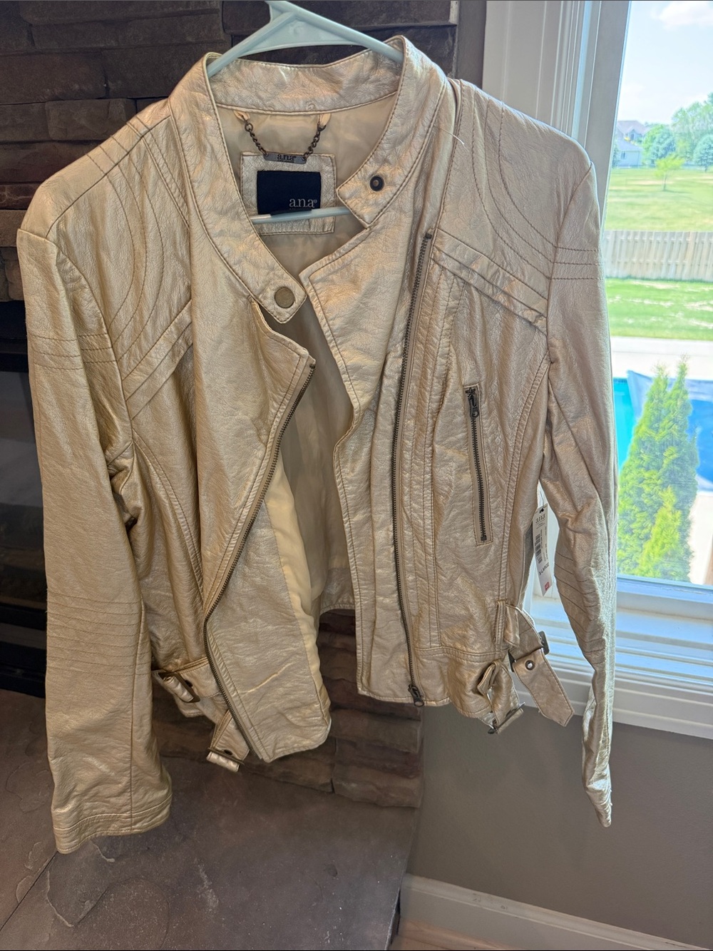 a.n.a Metallic Cream Leather Moto Jacket
